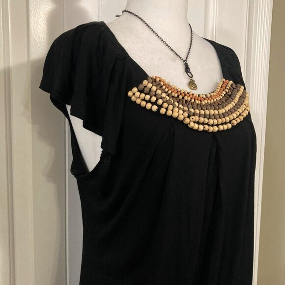 LUNDSTROM Black scoop neck beaded flutter sleeve top ~ Boho LARGE XL shirt tee - Picture 4 of 12